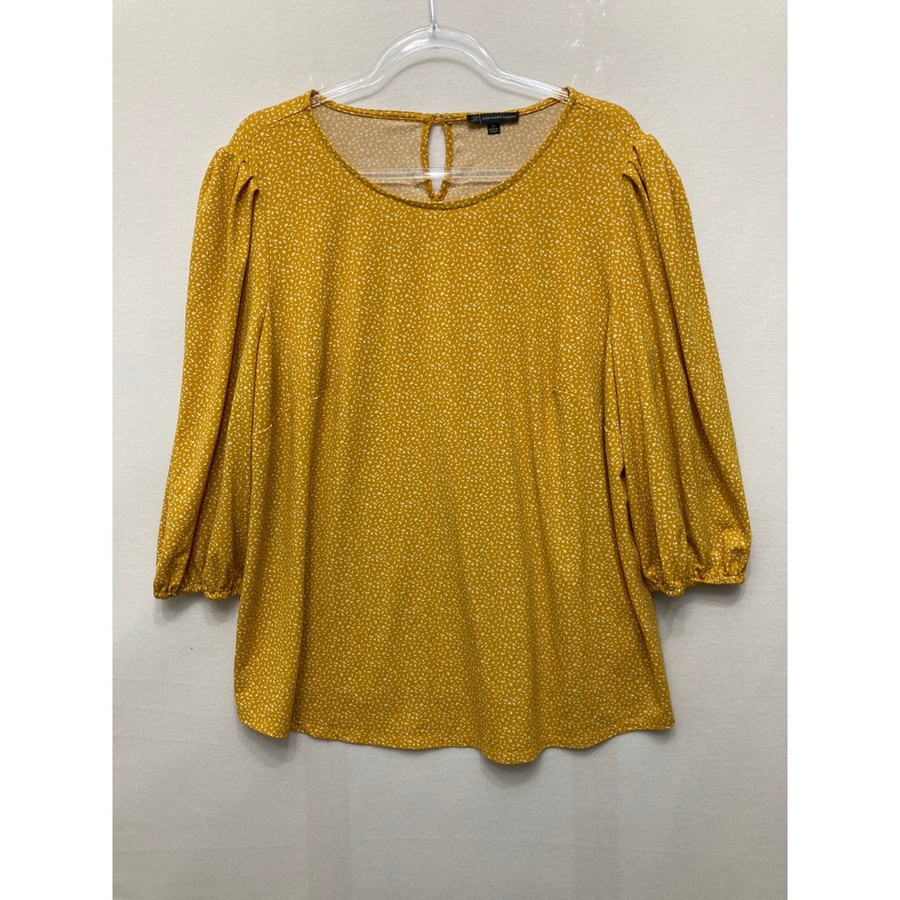 Adrianna Papell Blouse 1X Yellow Abstract Dot Puff Sleeve Stretch Knit Feminine